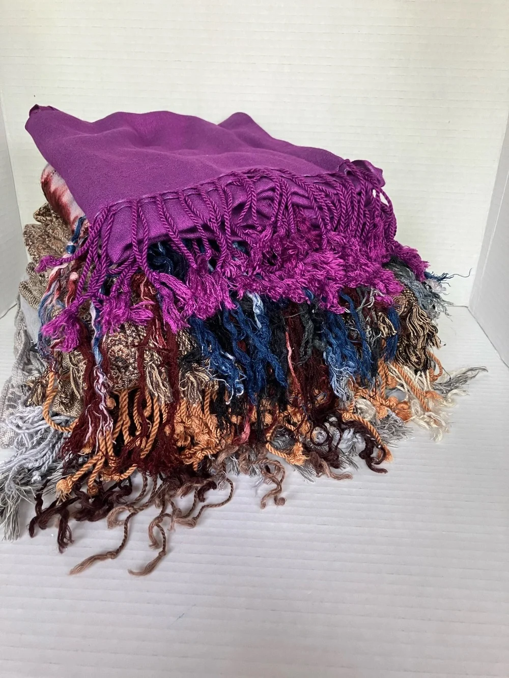 Vintage Bundle (7) Long Scarves - Navy Blue, Purple, Tan, Cream, Gray,‎ Brown